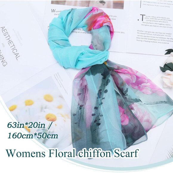 Women's Lake Blue Fashion Lightweight Head Scarf Floral Print Chiffon Scarves - Picture 3 of 7